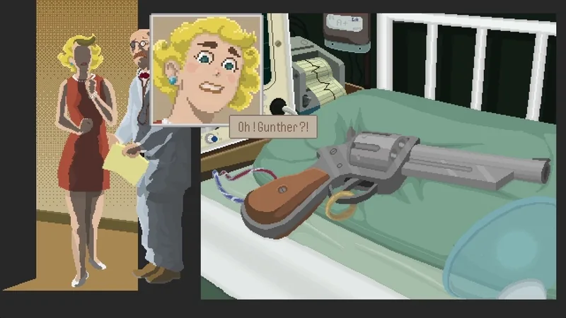 Cutscene: Bethany finds Gunther in a hospital bed, turned into a revolver. "Oh! Gunther?!"